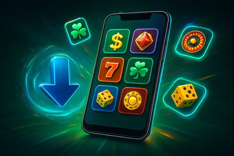 Glossy smartphone casino app banner with neon download icon and glowing tiles