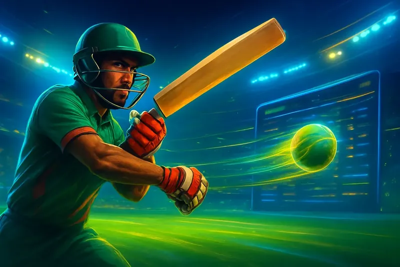 Cricket batter striking ball under stadium lights in dynamic sportsbook banner