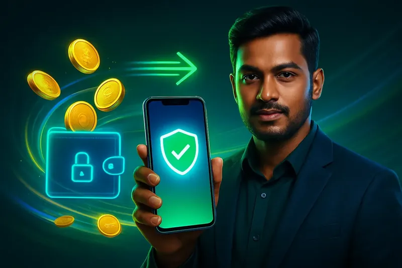 Hand holding smartphone with secure mobile wallet, coins, and speed light trails