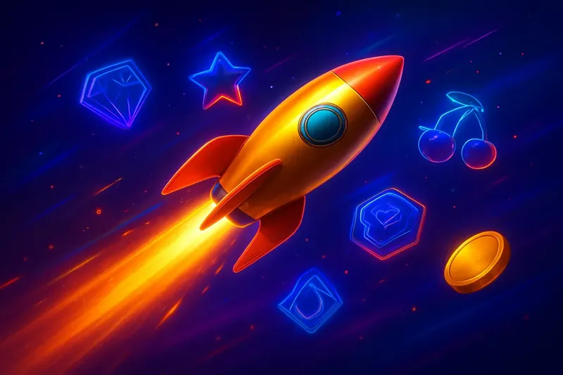 Glossy rocket launch casino banner with neon trail and game particles