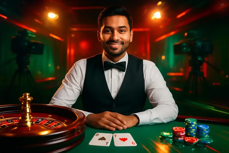 Friendly professional live dealer with roulette, cards, chips, and studio lights