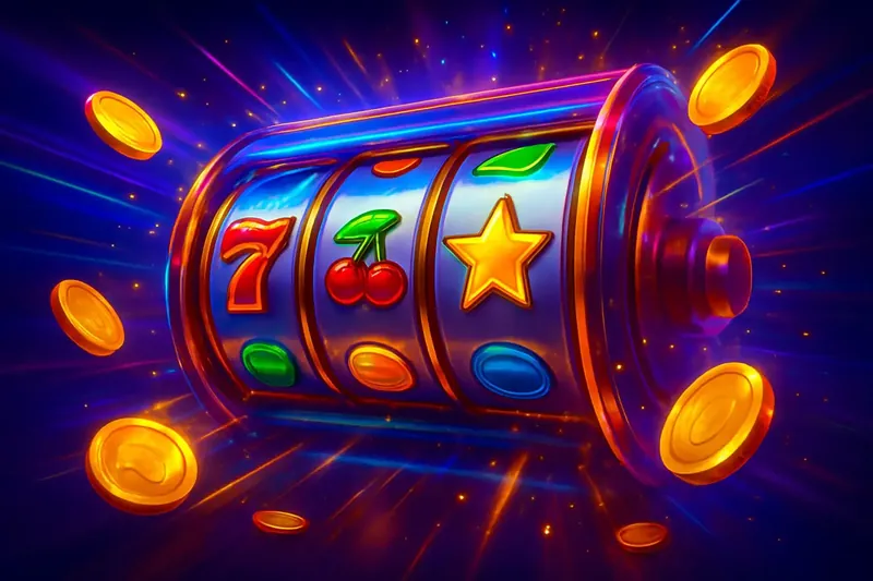 Colorful spinning slot machine banner with coins, sparkles, and neon glow